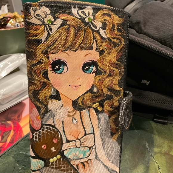 Hand-painted Rhinestones Denim Jean Fold Wallet with Girl Holding Rabbit NWOT - Picture 2 of 12